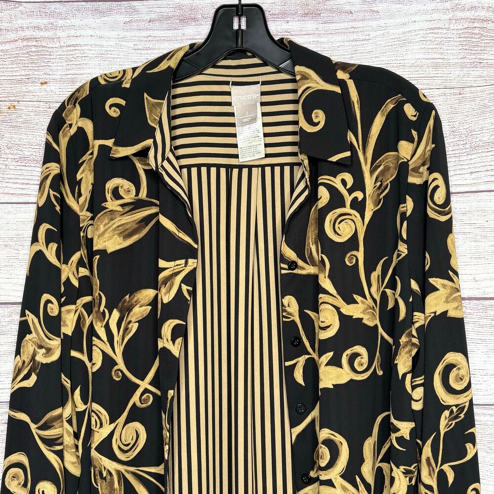 Chico's Black & Gold Reversible Button Up Timeless Classic Shirt Size 2 Large - Picture 8 of 15